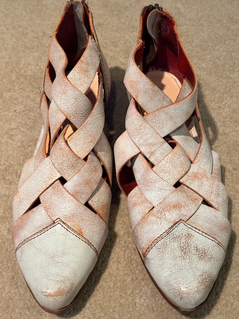 BED STU Brittany White Distressed Leather Woven Cutout Booties Size 7.5